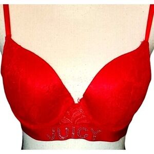 Juicy Couture Bra 36b Red Rhinestoned logo Push up Padded Underwire
